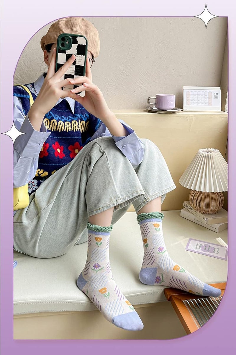 MarJunSep Cute Floral Crew Socks for Women Teen Girls Flower Cottagecore Frilly Vintage Fancy Cotton Socks - Image 4